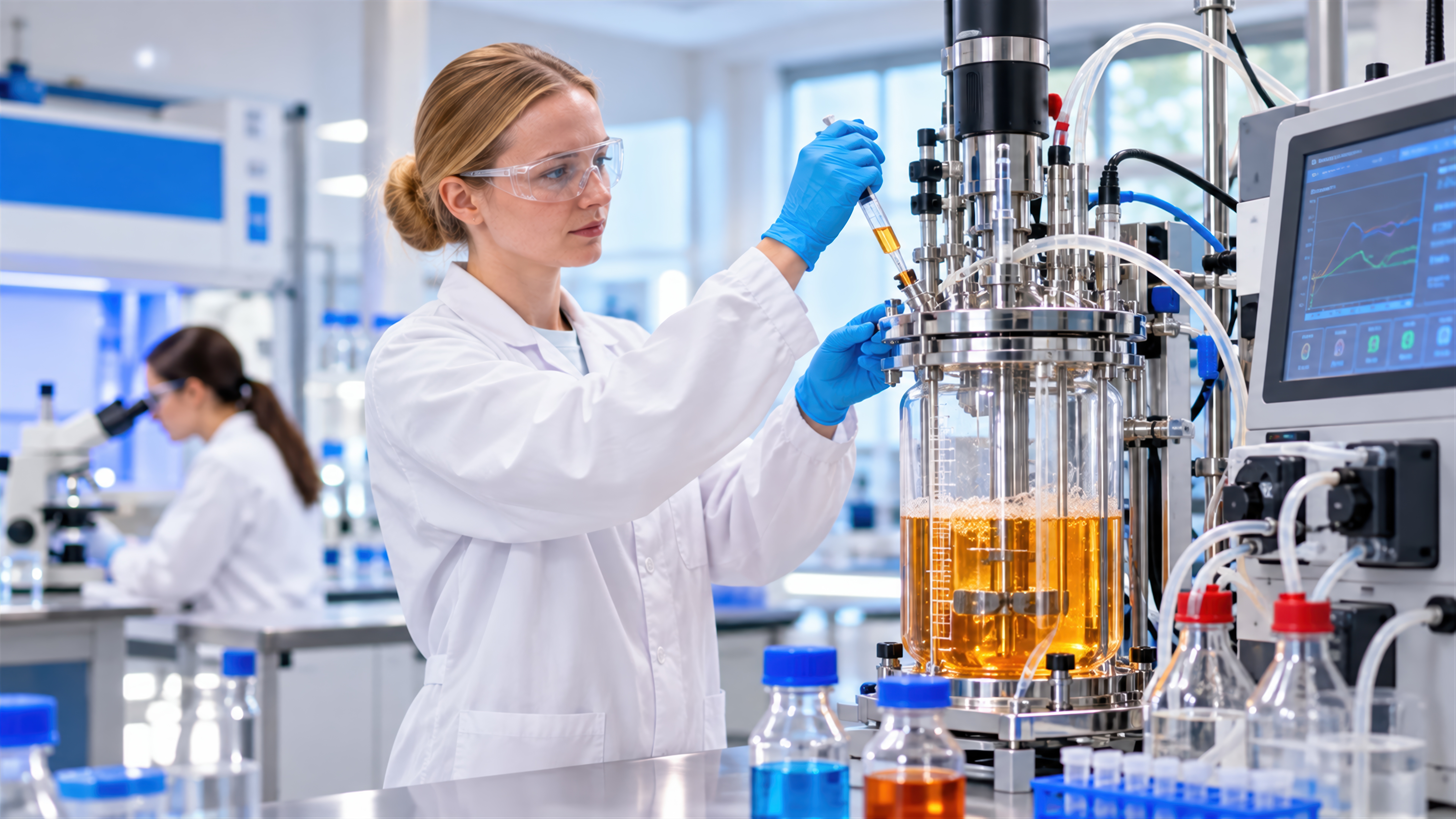 Eine Wissenschaftlerin arbeitet im Labor an einem Bioreaktor.
