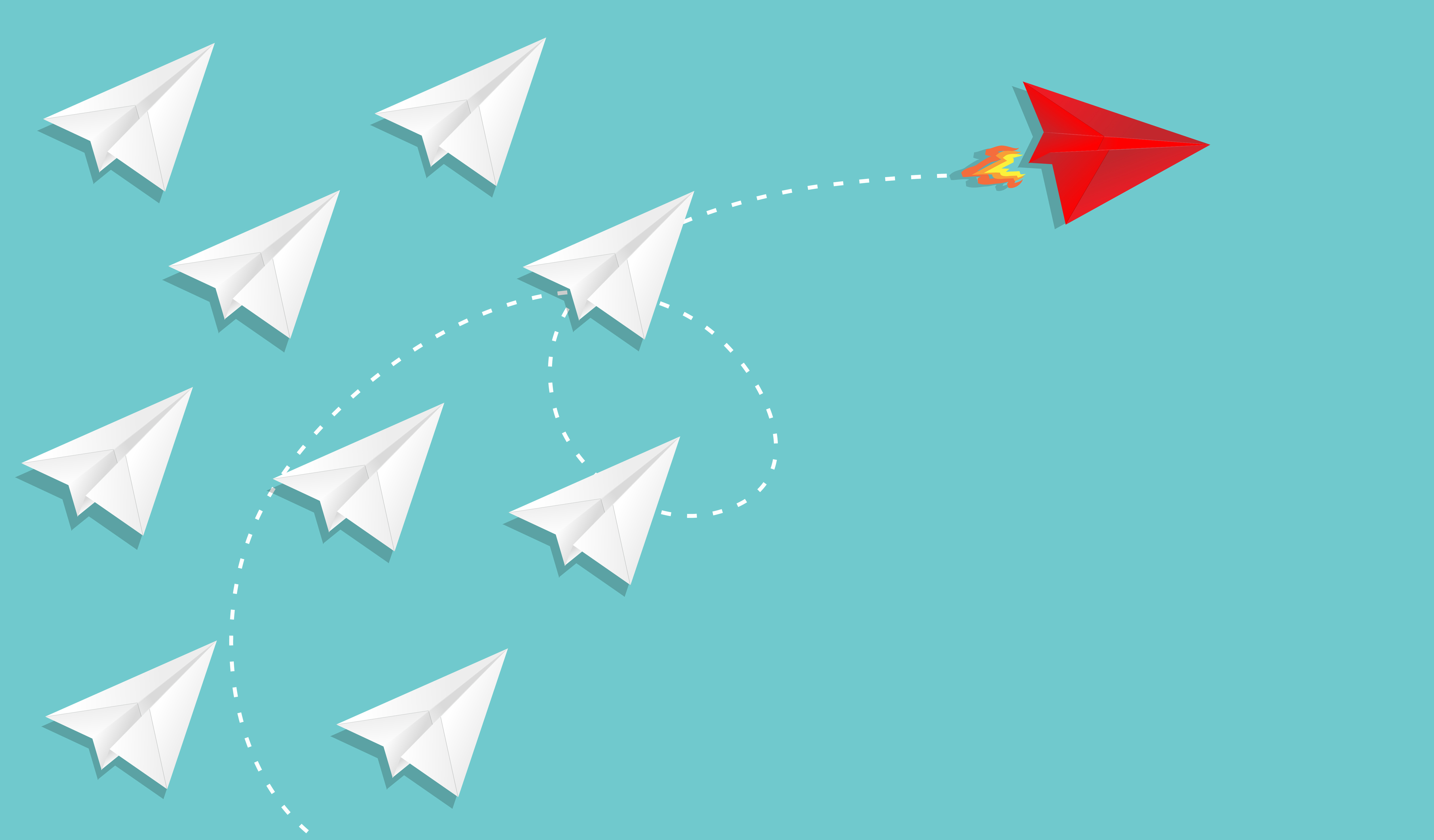 Das Bild zeigt viele weiße Papierflieger, die alle in dieselbe Richtung fliegen. Zwischen ihnen befindet sich ein einzelner roter Papierflieger, der in eine andere Richtung fliegt als die weißen. Der Hintergrund ist in einem kräftigen Türkis gehalten, wodurch die Papierflieger besonders gut zur Geltung kommen. Das Bild vermittelt den Eindruck von Individualität und Anderssein inmitten einer Gruppe.