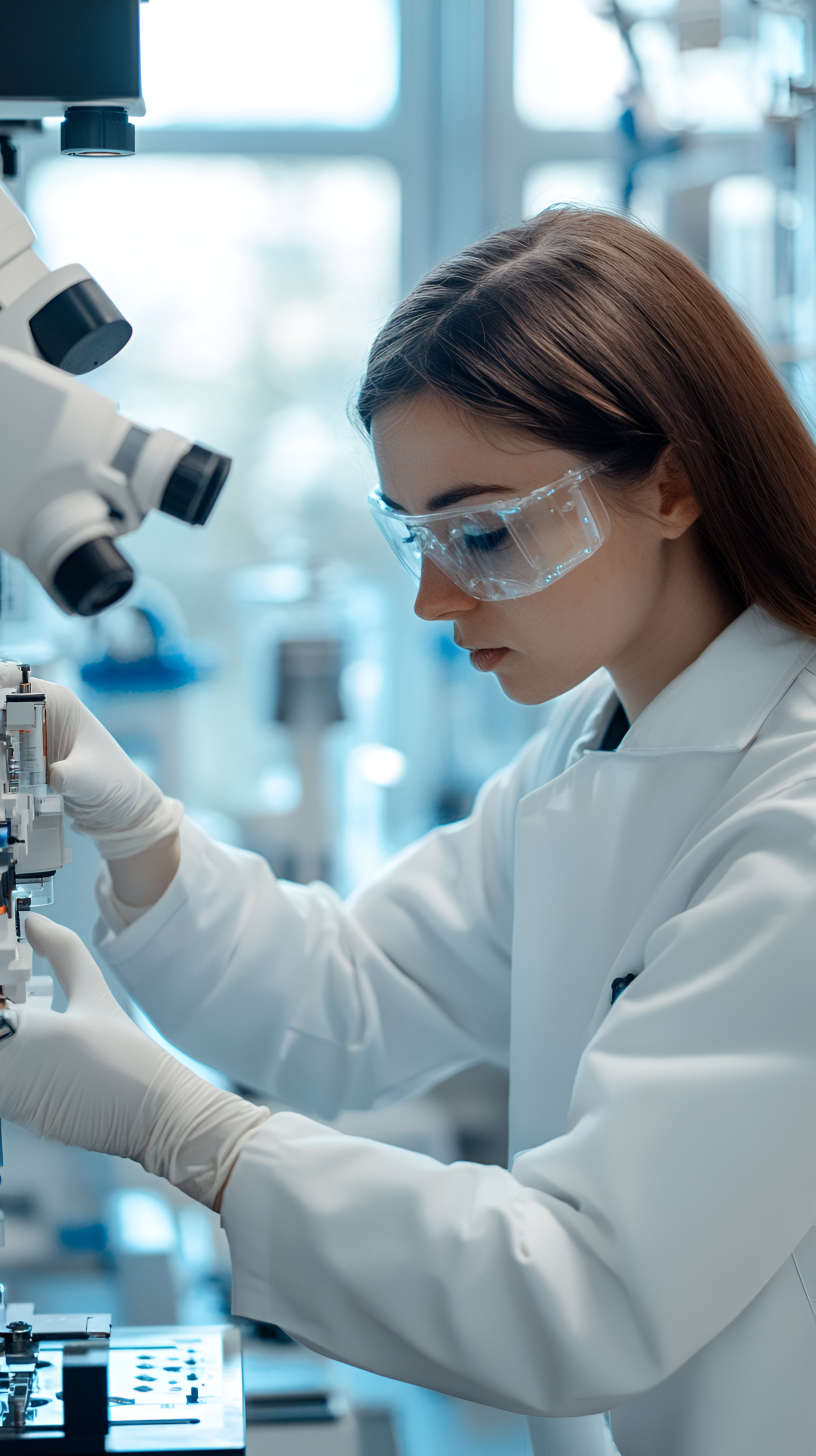 Eine Frau mit Schutzbrille arbeitet konzentriert an einem Mikroskop im Labor.