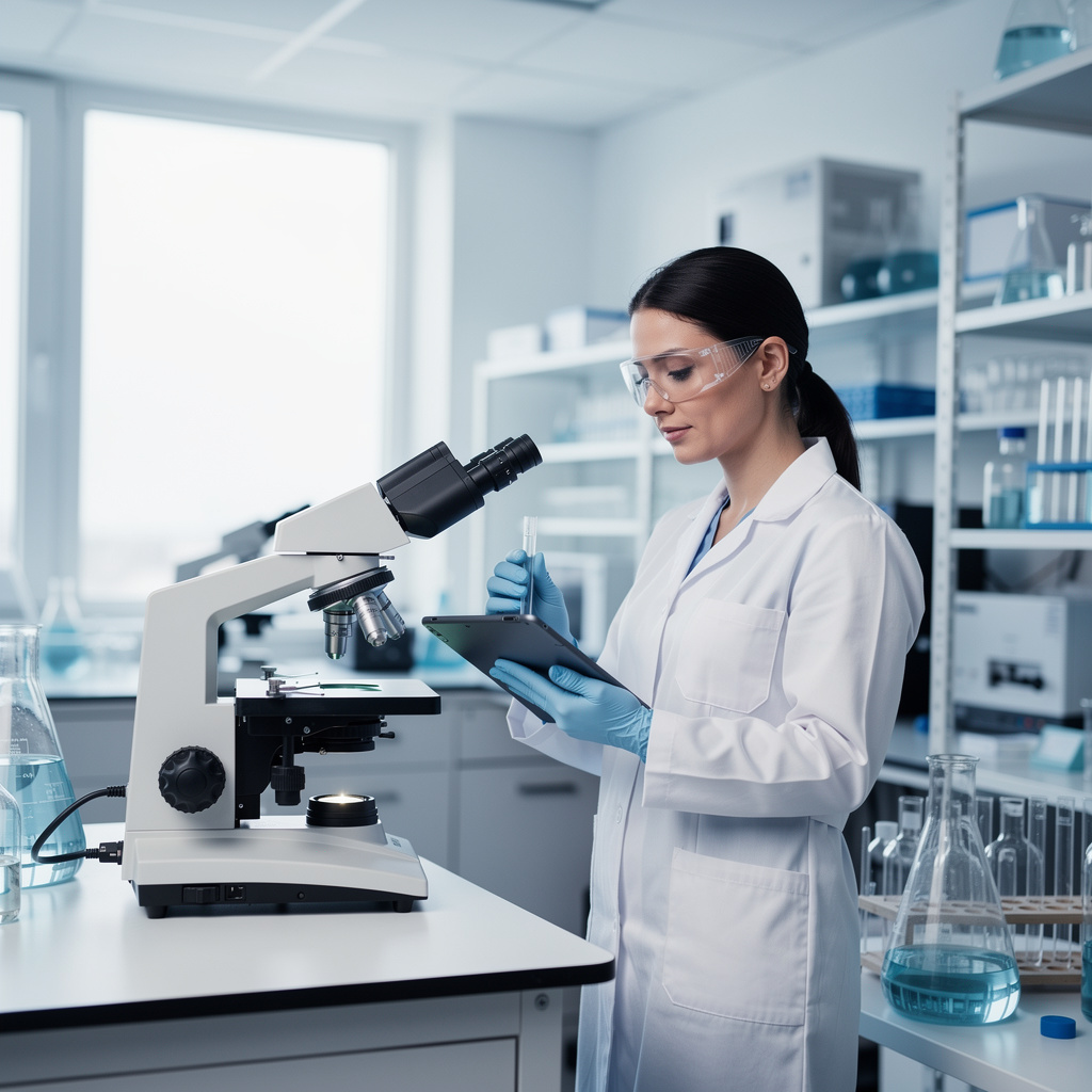 Eine Wissenschaftlerin untersucht eine Probe am Mikroskop und dokumentiert ihre Beobachtungen auf dem Tablet.