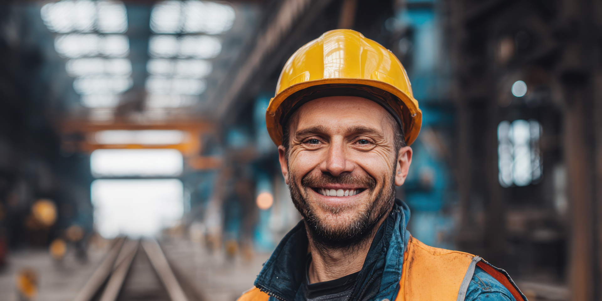 Ein Mann mit Bauhelm steht in einem Bahnhof vor Gleisen