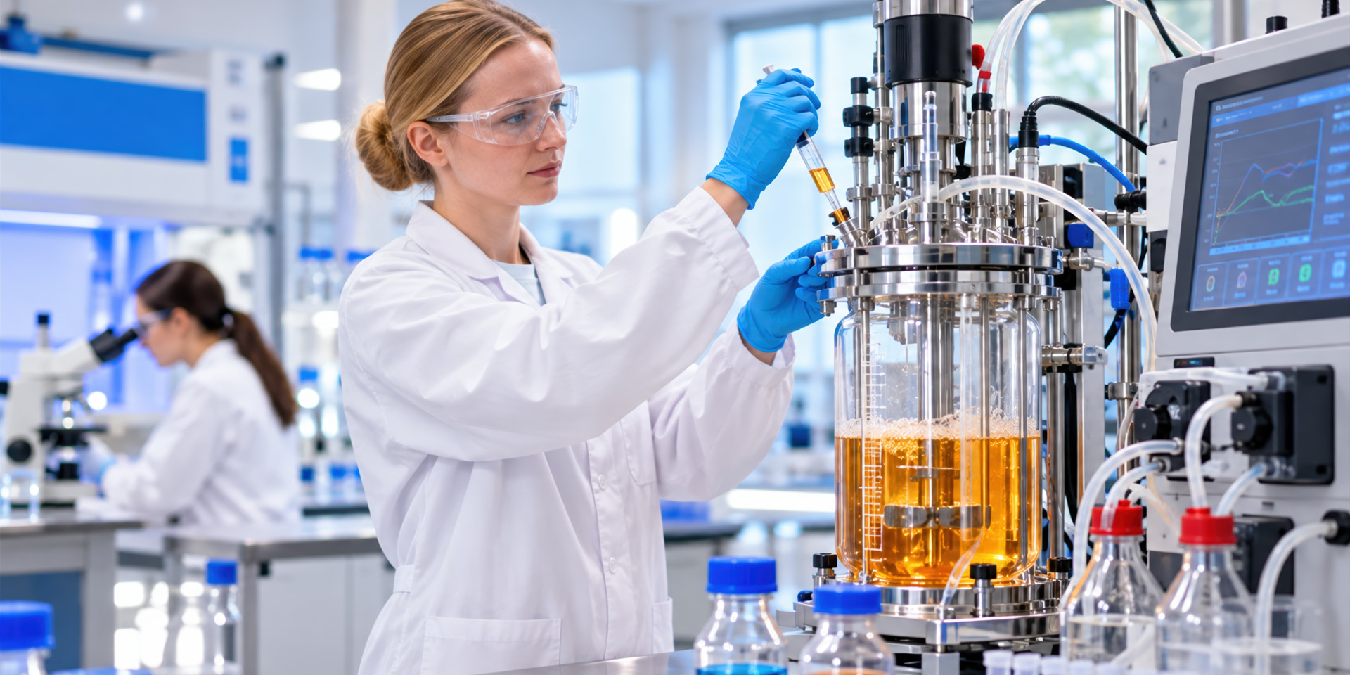 Eine Wissenschaftlerin arbeitet im Labor an einem Bioreaktor.