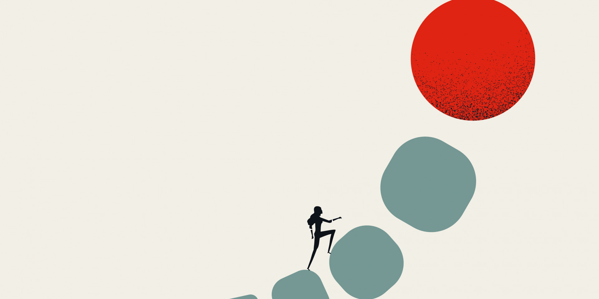 Das Bild zeigt eine Frau, die sich auf einzelnen Steinen bewegt. Die Steine sind so angeordnet, dass sie sich nicht berühren und eine Kurve nach oben darstellen. Der erste und der letzte Stein ist rot, die anderen grau.