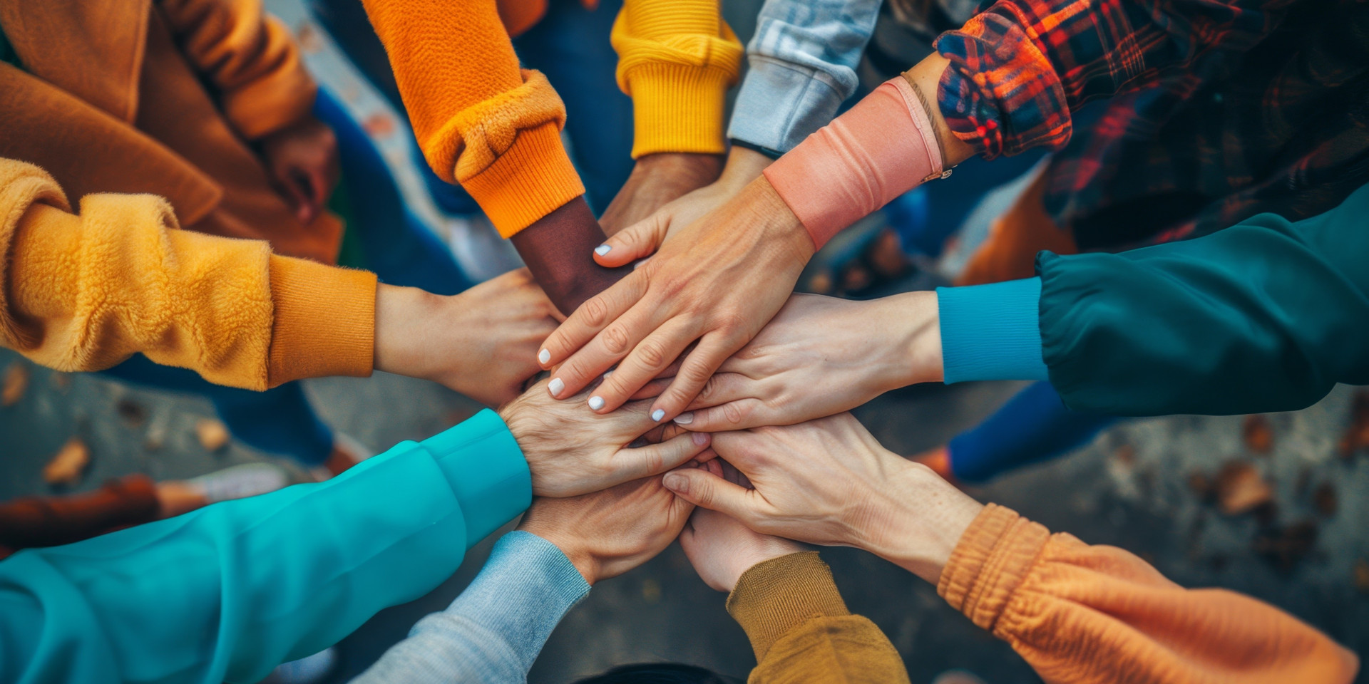Eine diverse Gruppe von Menschen legt im Kreis ihre Hände übereinander.