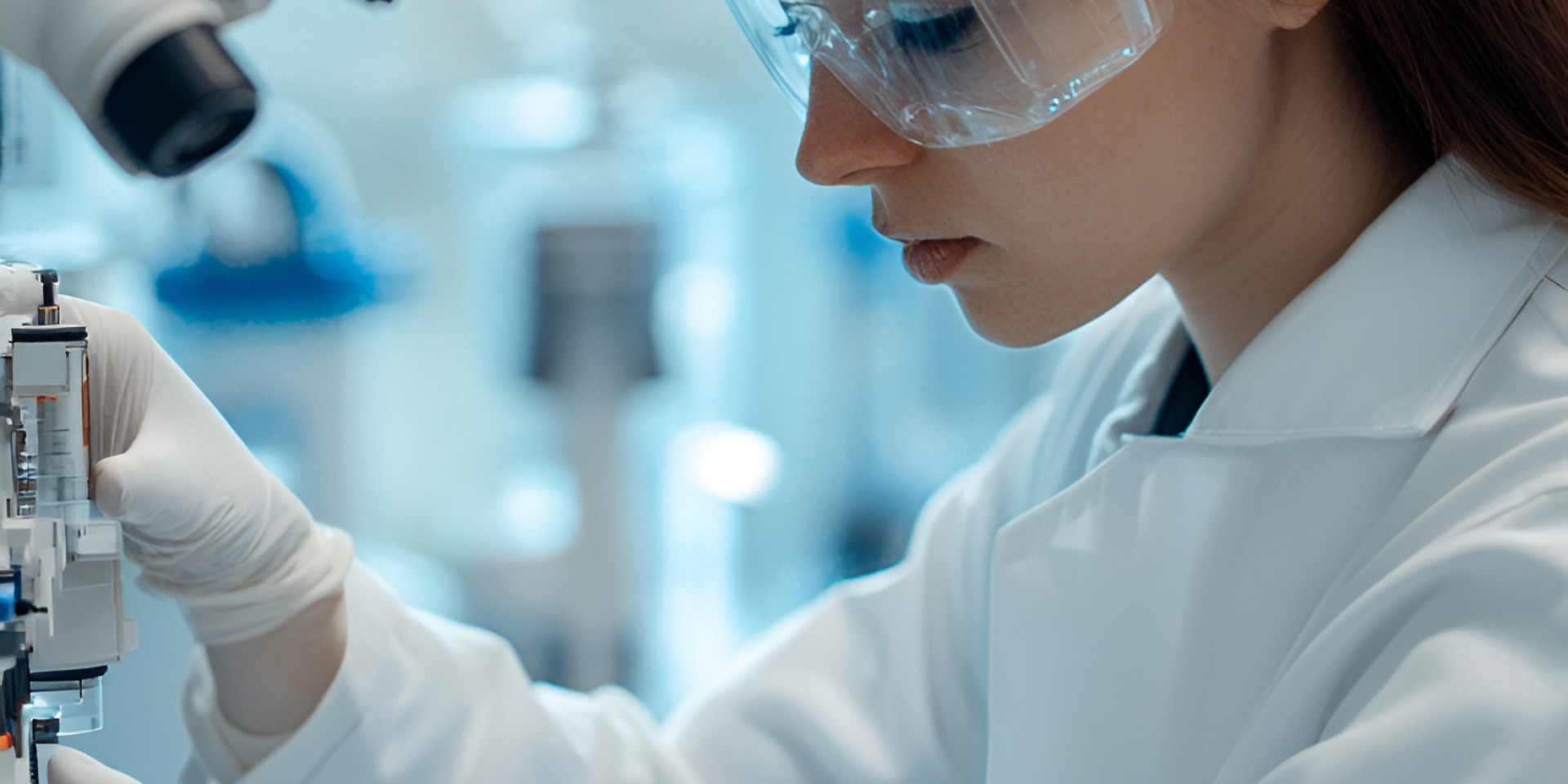 Eine Frau mit Schutzbrille arbeitet konzentriert an einem Mikroskop im Labor.