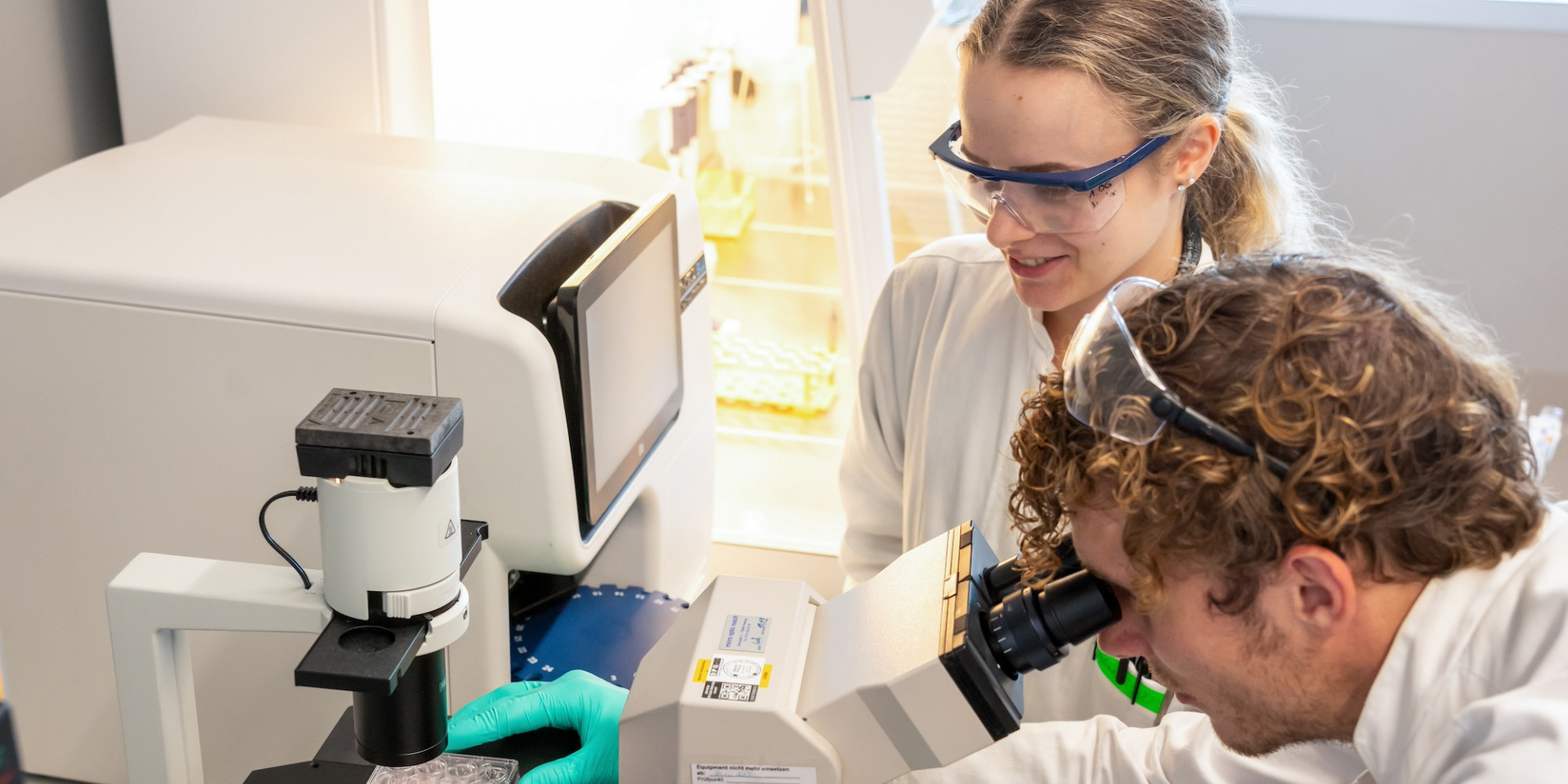 Zwei Personen im Biotechlabor arbeiten mit Mikroskop