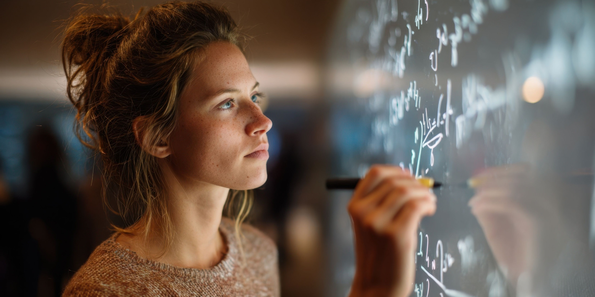 Ein Frau mit blauen Augen und hochgestecktem Frau schreibt auf einer Glaswand Formeln an die Wand.