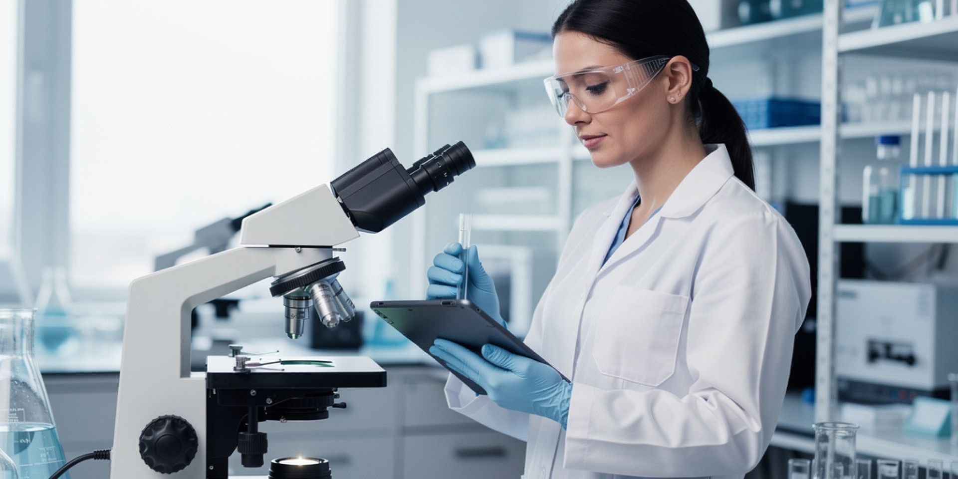 Eine Wissenschaftlerin untersucht eine Probe am Mikroskop und dokumentiert ihre Beobachtungen auf dem Tablet.