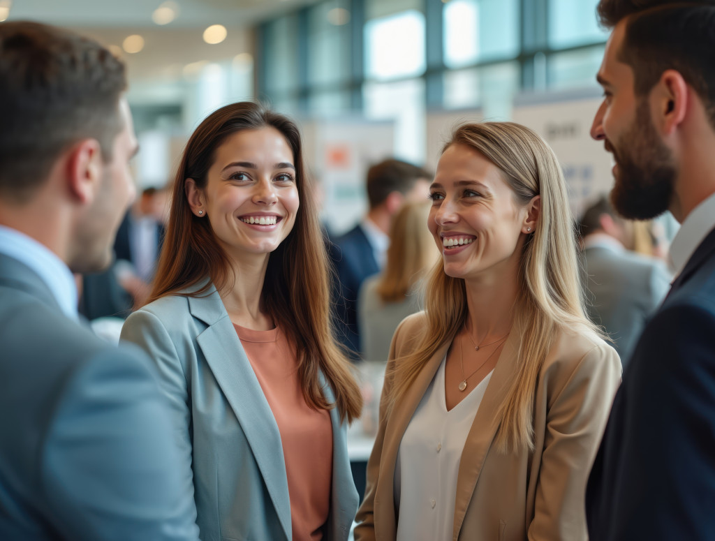 2 lächelnde Frauen, die nebeneinander stehen. Ihnen gegenüber stehen zwei Männer, von denen jedoch nur der Rücken zu erkennen ist.