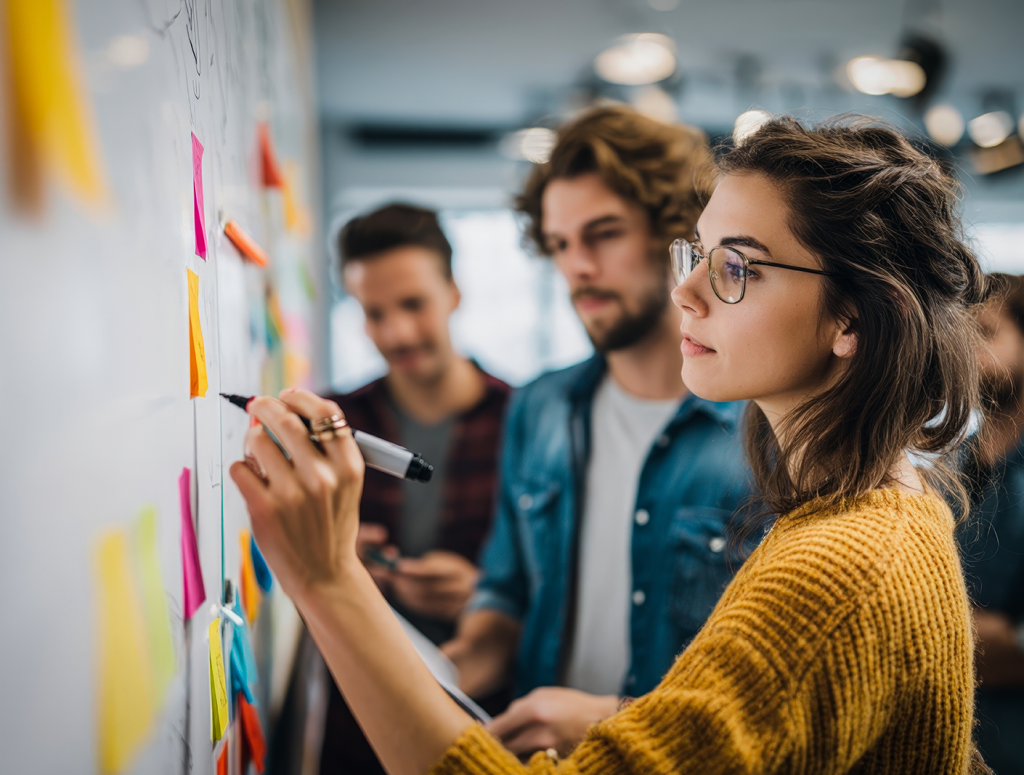 Studierende im legerem casual Look stehen mit Stift vor einem Whiteboard mit vielen bunten Post-its