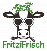 Comic Kuh mit grüner Schrift "Fritzi Frisch"