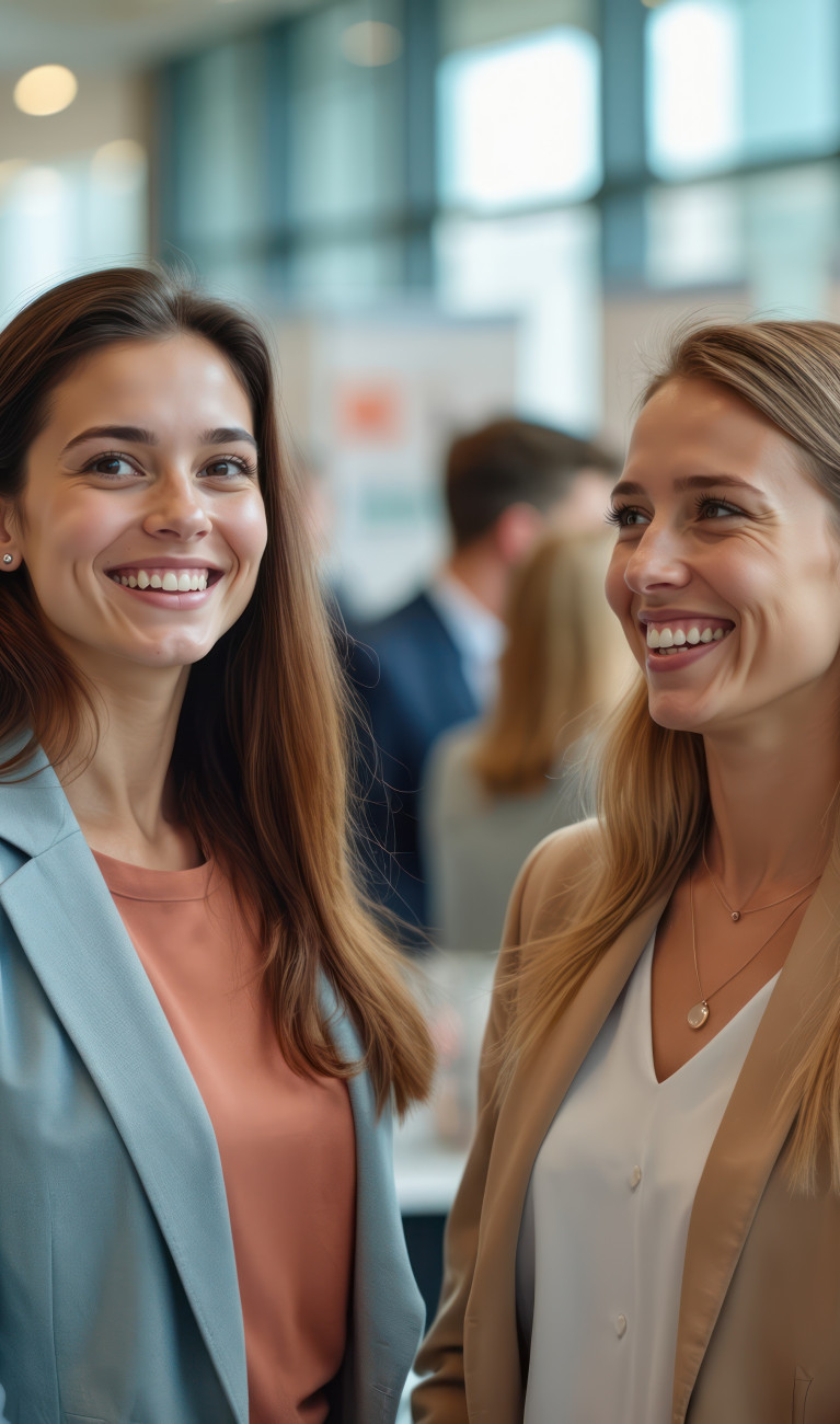 2 lächelnde Frauen, die nebeneinander stehen. Ihnen gegenüber stehen zwei Männer, von denen jedoch nur der Rücken zu erkennen ist.