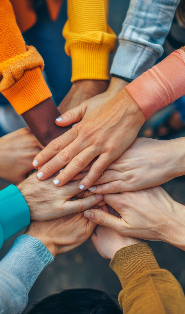 Eine diverse Gruppe von Menschen legt im Kreis ihre Hände übereinander.