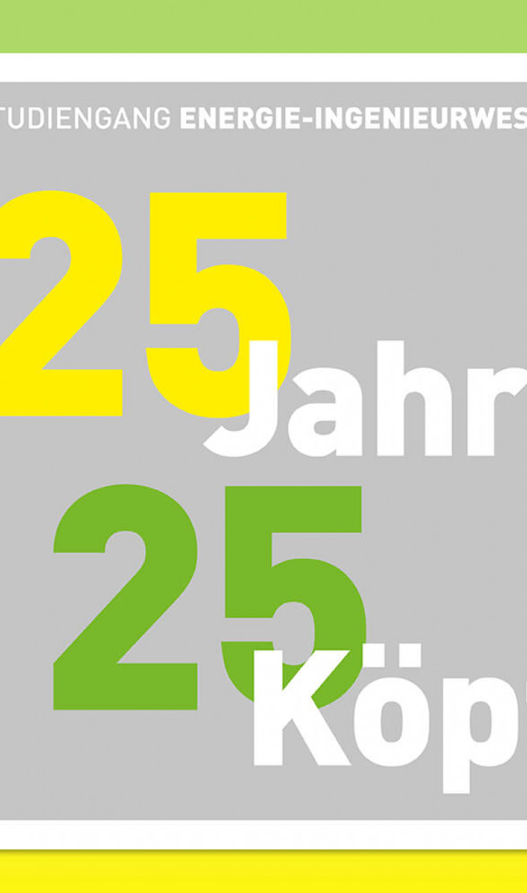 Graue Kacheln auf grün-gelbem Hintergrund mit großer Kachel und Schriftzug 25 Jahre 25 Köpfe in der Mitte