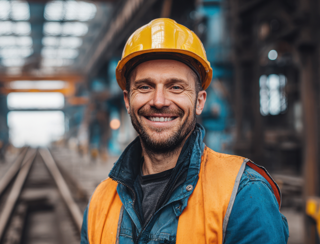Ein Mann mit Bauhelm steht in einem Bahnhof vor Gleisen