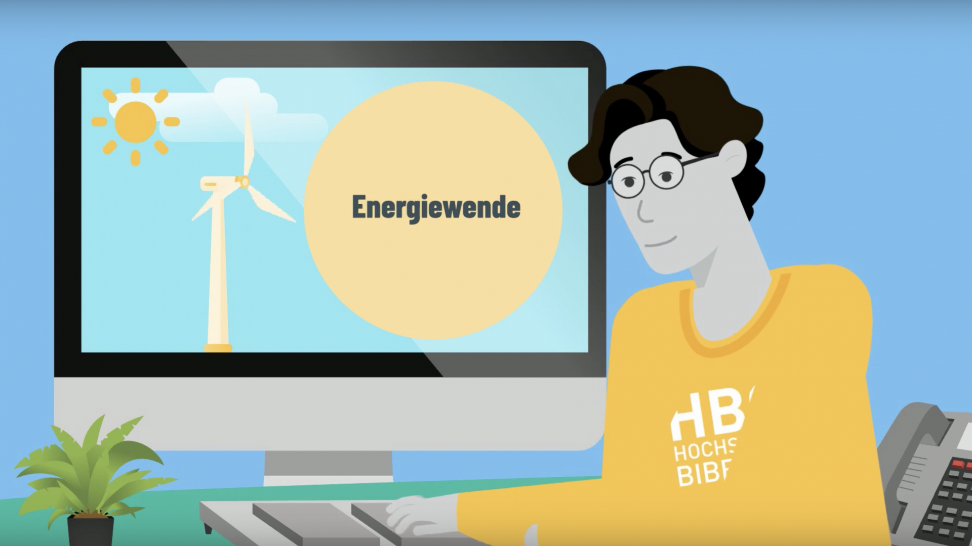 Comic: Junger Mann sitzt an Computer, der ein Windrad und den Schriftzug "Energiewende" zeigt.